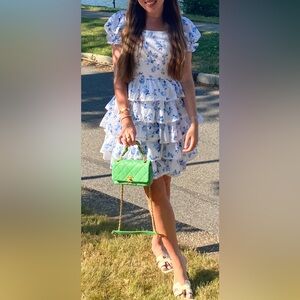 JessaKae White with Blue Floral Puff Sleeve Smocked Waist Ruffle Dress 💙🤍